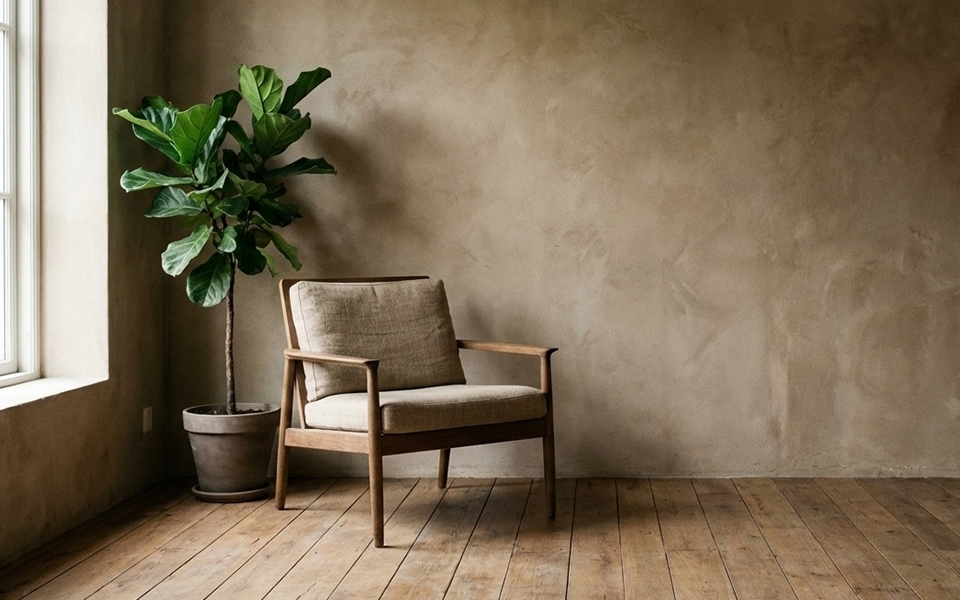 laenestol i stue med groen plante